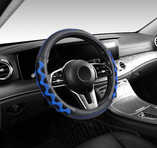 Couvre volant similicuir noir motif ligne noir bleu motif Zig Zag Ø38cm 