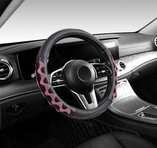 Couvre volant similicuir noir motif ligne noir rose motif Zig Zag Ø38cm 