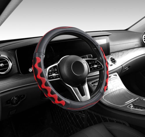 Couvre volant similicuir noir motif ligne noir rouge motif Zig Zag Ø38cm 