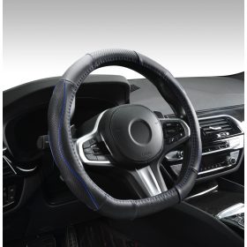   Couvre volant en cuir noir matelassé avec motif ligne bleue Ø38cm