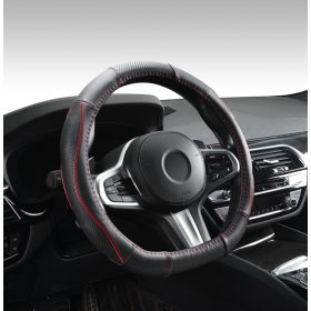   Couvre volant en cuir noir matelassé avec motif ligne bleue Ø38cm