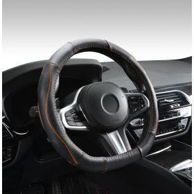   Couvre volant en cuir noir matelassé avec motif ligne bleue Ø38cm