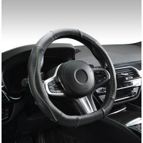   Couvre volant en cuir noir matelassé avec motif ligne bleue Ø38cm