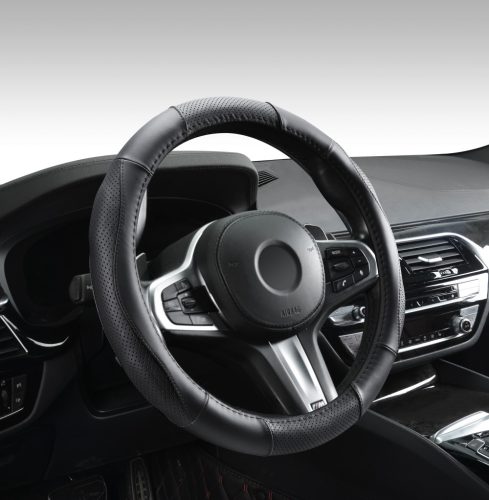 AUTOLIFE Boîte Couvre-volant en cuir véritable Noir avec motif coutures noires