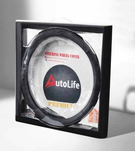 AUTOLIFE Boîte Couvre-volant en cuir véritable Noir avec motif coutures noires