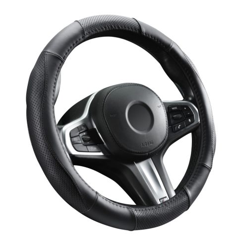 AUTOLIFE Boîte Couvre-volant en cuir véritable Noir avec motif coutures noires