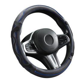   Couvre volant noir en cuir matelassé motif ligne bleu Ø38cm 