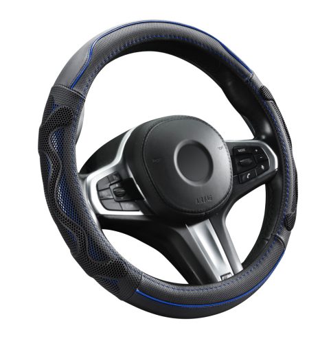 Couvre volant noir en cuir matelassé motif ligne bleu Ø38cm 