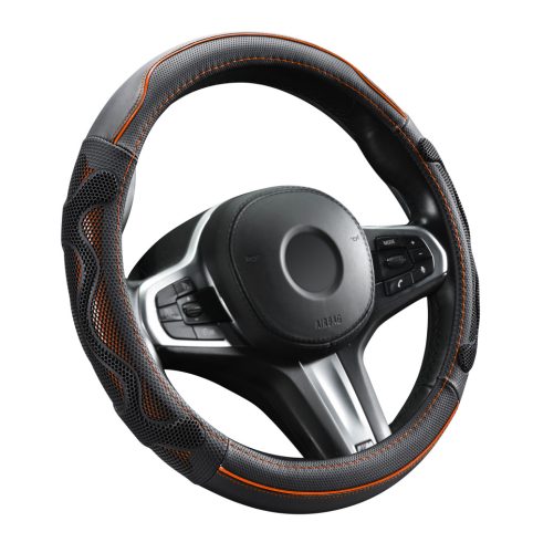 Couvre volant noir en cuir matelassé motif ligne orange Ø38cm 