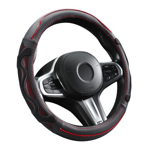 Couvre volant noir en cuir matelassé motif ligne rouge Ø38cm