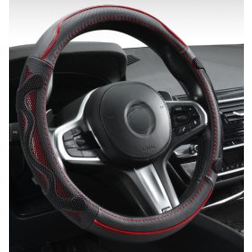   Couvre volant noir en cuir matelassé motif ligne rouge Ø38cm