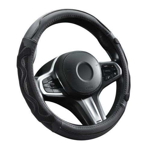 Couvre volant noir en cuir matelassé motif ligne grise Ø38cm 