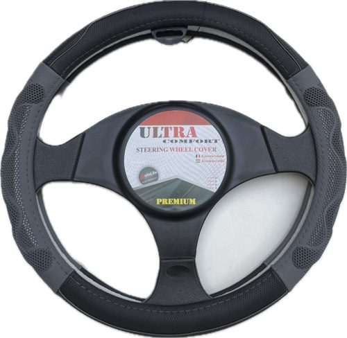 Couvre volant noir en cuir matelassé motif ligne grise Ø38cm 