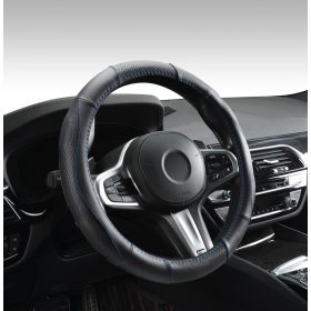 Couvre volant en cuir noir surpiqûres bleues