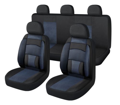 Ensemble de housses de siège universelles 11 pièces noir et points bleus avec zip et ouverture Airbag