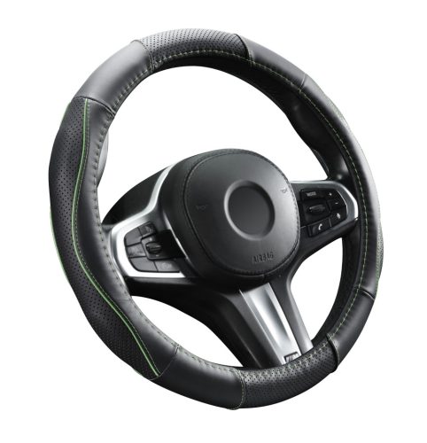 Couvre volant en cuir noir matelassé avec motif ligne verte Ø38cm