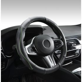   Couvre volant en cuir noir matelassé avec motif ligne verte Ø38cm