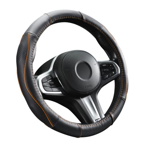 Couvre volant en cuir noir matelassé avec motif ligne orange Ø38cm