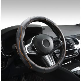   Couvre volant en cuir noir matelassé avec motif ligne orange Ø38cm