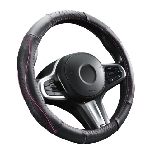 Couvre volant en cuir noir matelassé avec motif ligne fushia Ø38cm