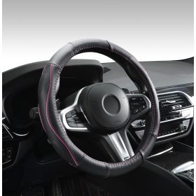   Couvre volant en cuir noir matelassé avec motif ligne fushia Ø38cm