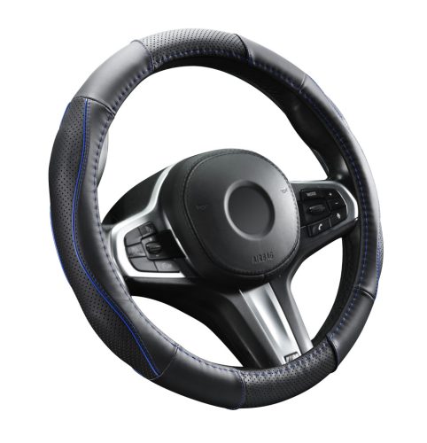 Couvre volant en cuir noir matelassé avec motif ligne bleue Ø38cm