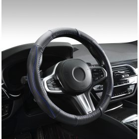   Couvre volant en cuir noir matelassé avec motif ligne bleue Ø38cm