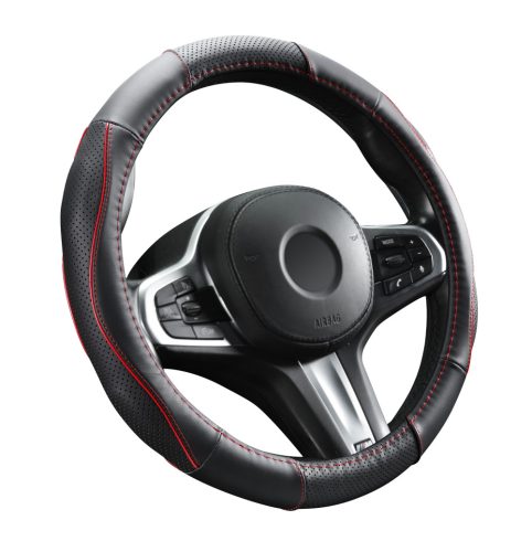 Couvre volant en cuir noir matelassé avec motif ligne rouge Ø38cm