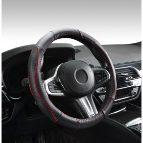   Couvre volant en cuir noir matelassé avec motif ligne rouge Ø38cm