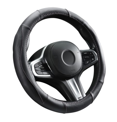Couvre volant en cuir noir avec surpiqûres roses Ø38cm