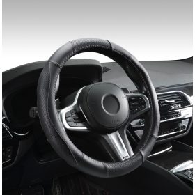 Couvre volant en cuir noir avec surpiqûres roses Ø38cm