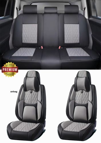15 részes Prémium Magas minőségű Műbőr üléshuzat szett nyakpárnákkal - Légzsákos - Osztható - Fekete/Szürke színben 80197