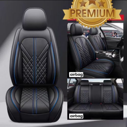 11 részes Prémium minőségű Műbőr üléshuzat szett - Légzsákos - Osztható - Fekete/Kék színben 80188
