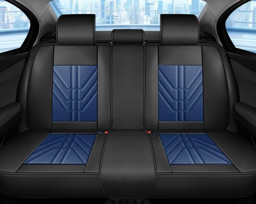 13 részes Prémium Magas minőségű Műbőr üléshuzat szett nyakpárnákkal - Légzsákos - Osztható - Fekete/Sötét kék színben 80193