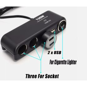   13283 Szivargyújtó elosztó 3-as + 2 USB aljzat +  Öngyújtó aljzat 12/24V - MAX 120W 