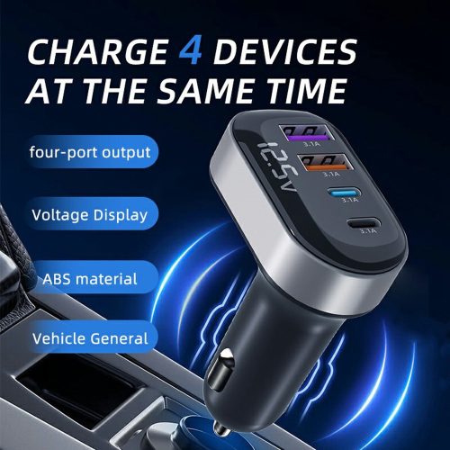  K33 Szivargyújtós autós töltő – 4 portos (2× 15W USB + 2× 15W Type-C), beépített voltmérővel