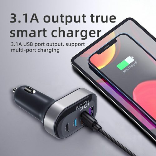  K33 Szivargyújtós autós töltő – 4 portos (2× 15W USB + 2× 15W Type-C), beépített voltmérővel