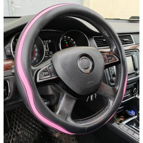 Couvre volant similicuir noir motif bande rose Ø38cm 