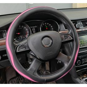 Couvre volant similicuir noir motif bande rose Ø38cm 