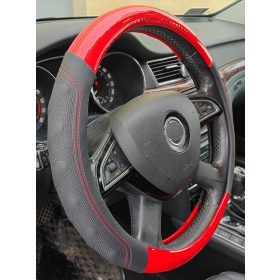   Couvre volant similicuir noir motif surpiqûres & bandes rouges Ø38cm