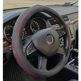 Couvre volant similicuir noir motif ligne rouge Ø38cm 