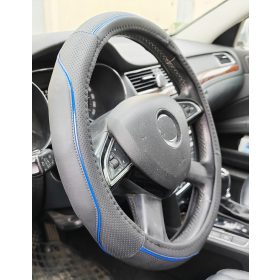 Couvre volant similicuir noir motif ligne bleue Ø38cm