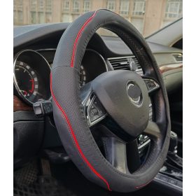 Couvre volant similicuir noir motif ligne rouge Ø38cm