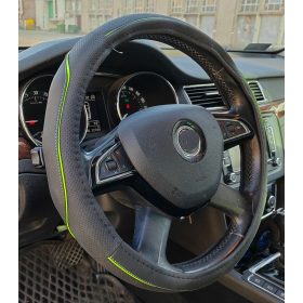 Couvre volant similicuir noir motif ligne verte Ø38cm