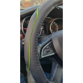 Couvre volant similicuir noir motif ligne verte Ø38cm