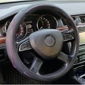 Couvre volant similicuir noir motif ligne rose Ø38cm 