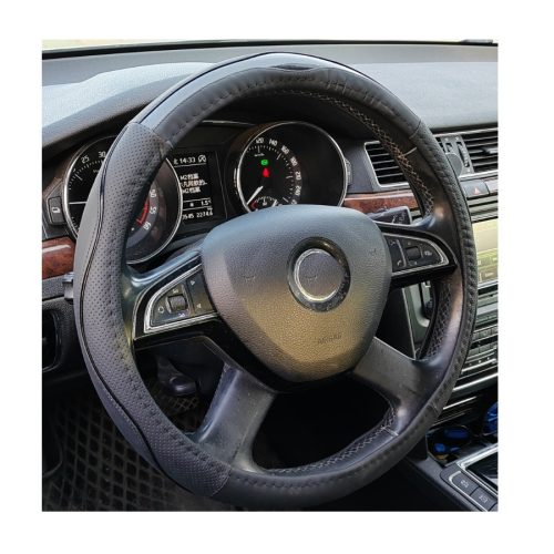 Couvre volant similicuir noir effet carbon et motif ligne noirs Ø38cm