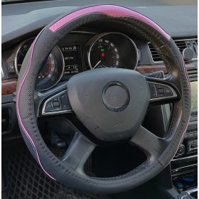   Couvre volant similicuir noir effet carbon et motif ligne roses Ø38cm