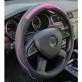   Couvre volant similicuir noir effet carbon et motif ligne roses Ø38cm