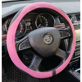 Couvre volant similicuir noir effet bande rose Ø38cm